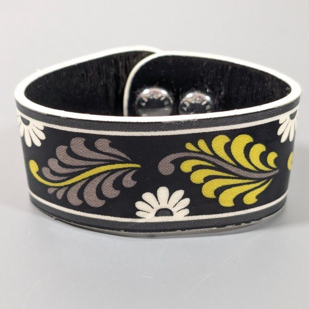 Vera Bradley Frill Black White Yellow Snap Cuff Bracelet 7.5 inch